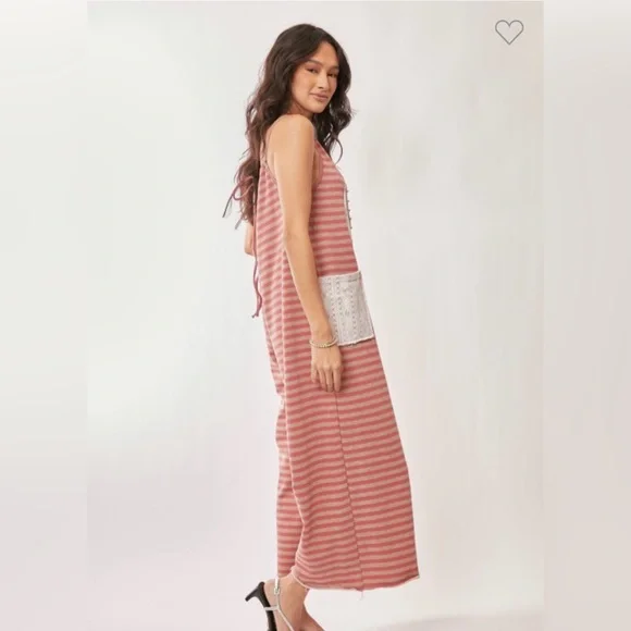 Striped Pink Overalls with Heart Design. Striped French Terry Heart Jumpsuit - Picture 3 of 6